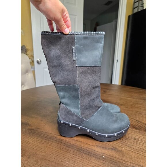 Womens Gray Leather & Suede Tall Boots With Studded Platform Heels - Picture 7 of 16